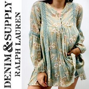 RALPH LAUREN DENIM & SUPPLY Ruffle Green Blue Floral Lace Blouse Top – Small